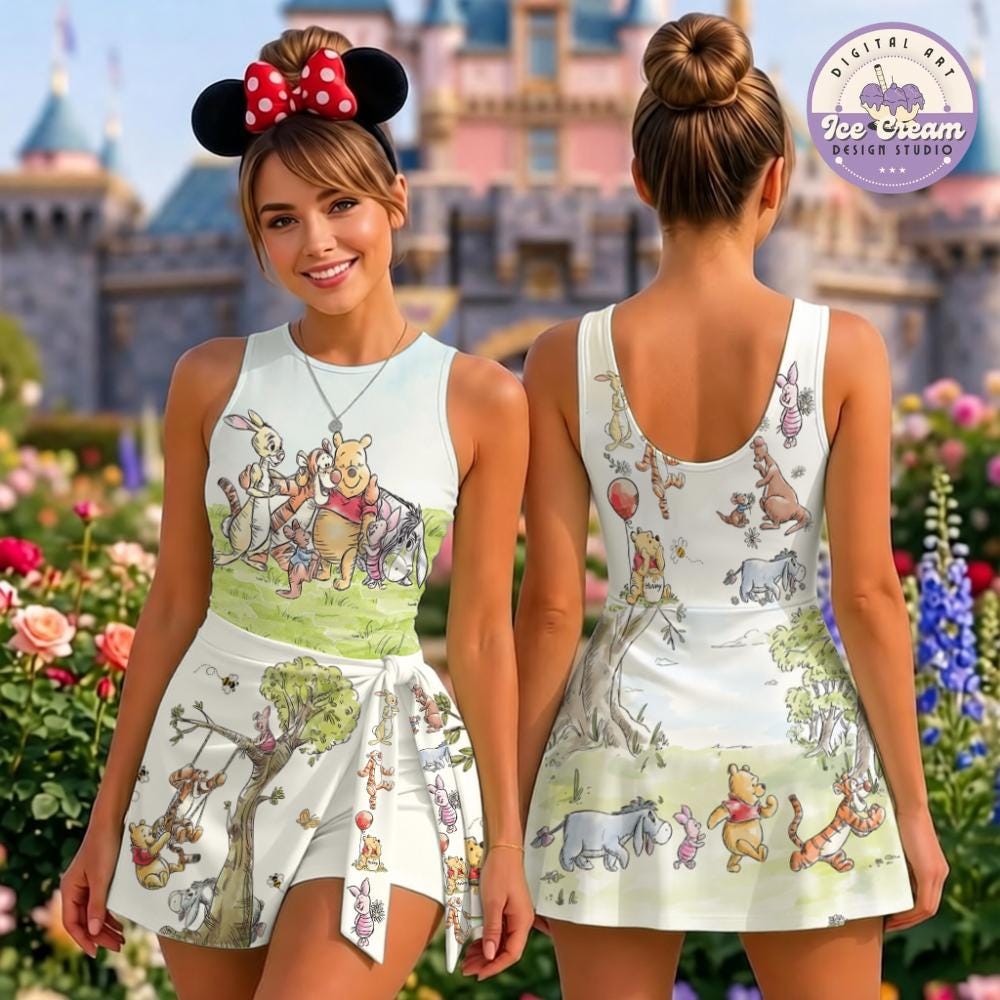 Disney Winnie The Pooh Costume Wrap Skort Dress, Pooh Bear and Friends Tennis Dress, Piglet Togger Eeyore Pooh Mom Daughter Dress Matching