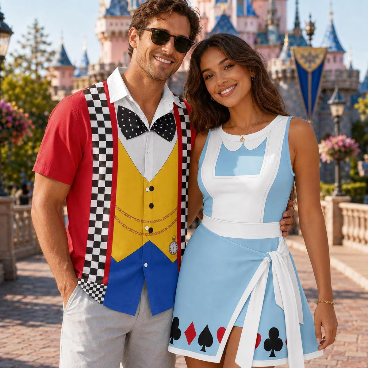 Alice In Wonderland Couple Outfit, Disney Dress And Men Shirt, Matching Disneyland Costume, Halloween Cosplay Dress, Disneybound Shirt