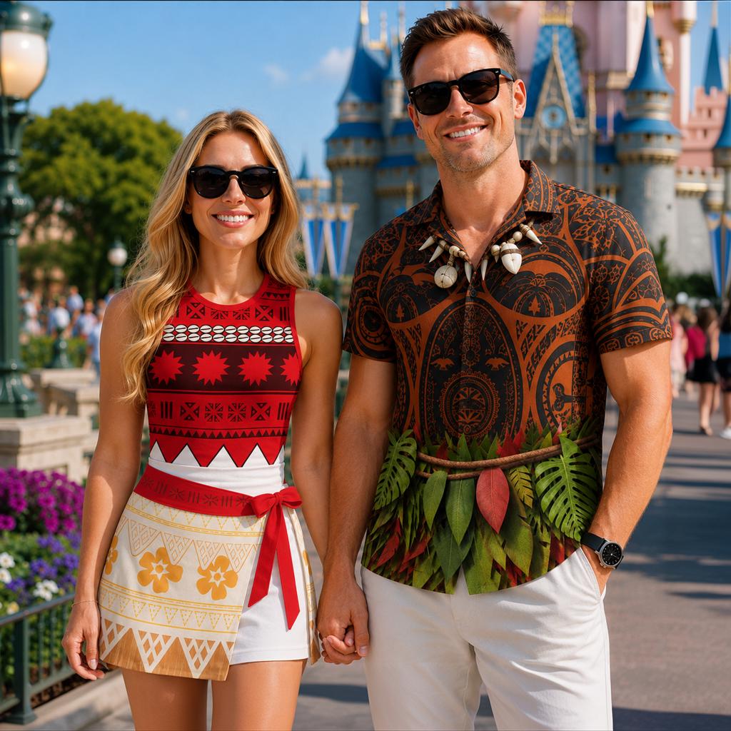 Disney Maui and Moana Costume Matching Couples Clothing, Island Princess Cosplay Dress, Maui Button Shirt, Disney Halloween Party Outfits
