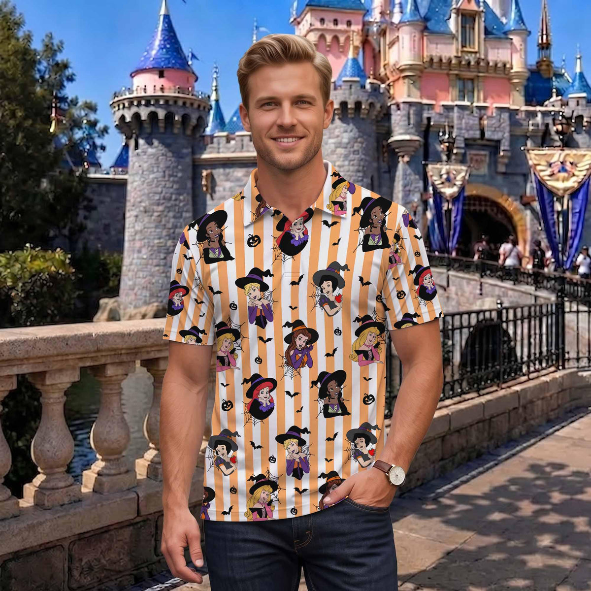 Cinderella, Belle, Ariel and Rapunzel Halloween Matching Couple Outfit, Spooky Princess Polo Shirt and Wrap Skort Dress, Theme Park Vacation