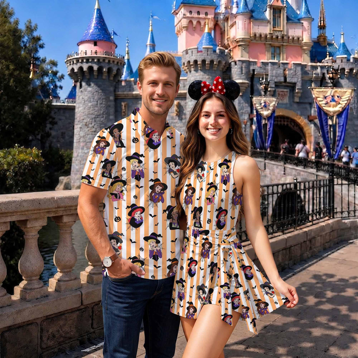 Cinderella, Belle, Ariel and Rapunzel Halloween Matching Couple Outfit, Spooky Princess Polo Shirt and Wrap Skort Dress, Theme Park Vacation