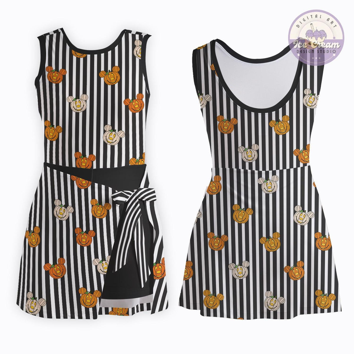 Halloween Mickey Minnie Pumpkins Striped Wrap Tennis Dress, Mickey Minnie Matching Outfit, Mickey's Not So Scary Halloween Party Skort Dress