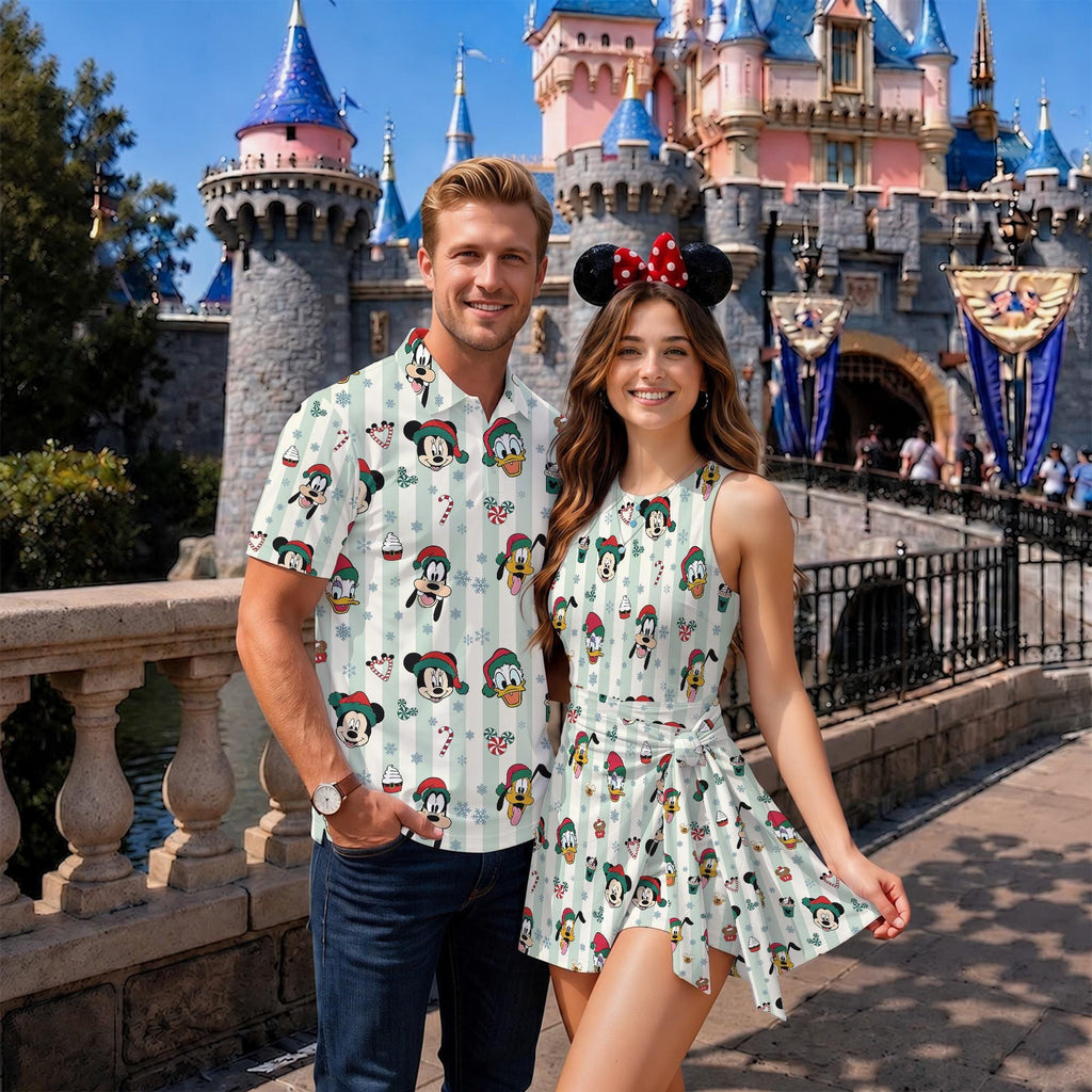 Mickey and Friends Christmas Matching Couple Outfit, Very Merry Xmas Lights Polo Shirt and Wrap Skort Dress, Theme Park Vacation Gift Idea