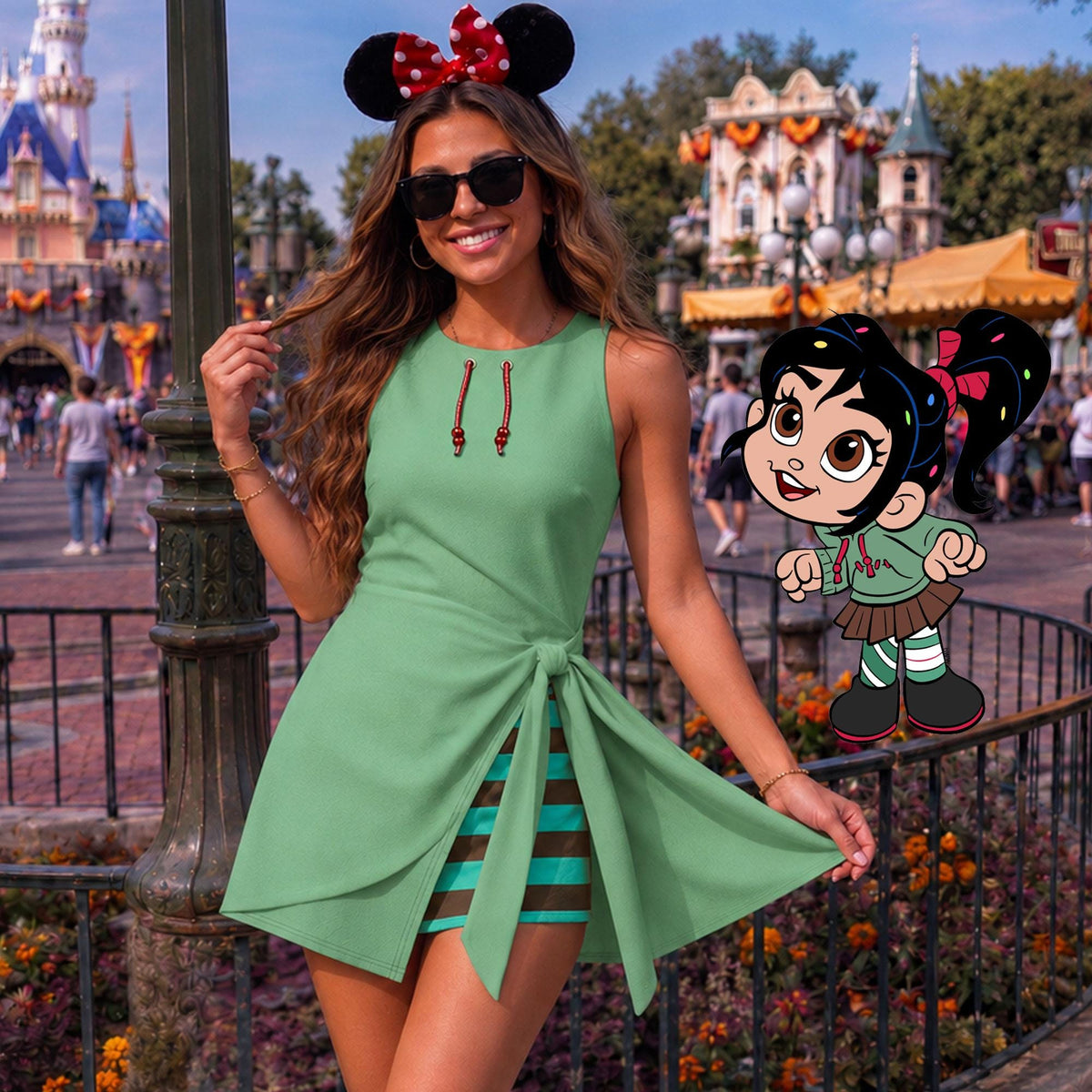 Vanellope von Schweetz Inspired Wrap Skort Dress, Mint Green Sugar Rush Princess Cosplay Dress, Theme Park Vacation Outfit,Halloween Costume