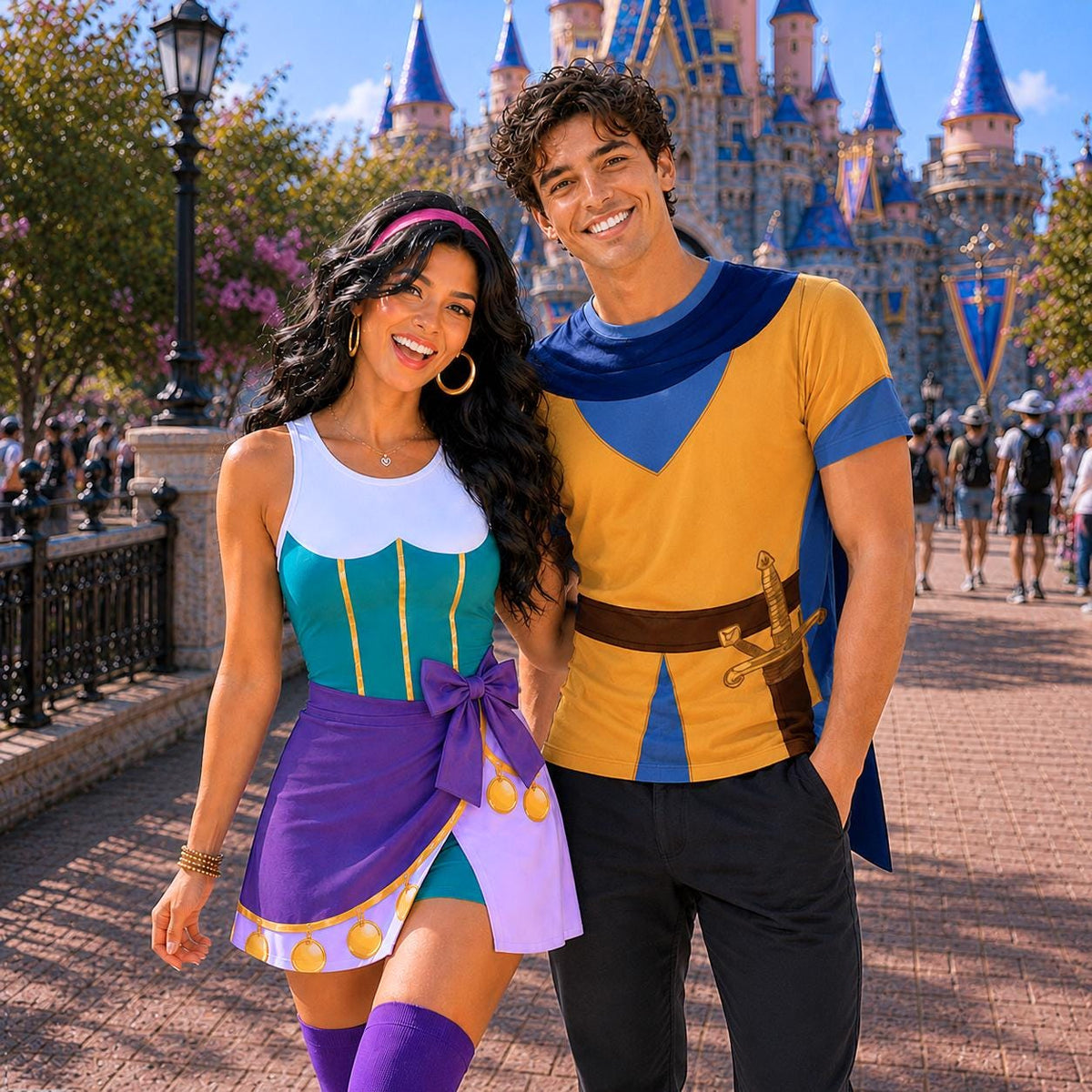 Esmeralda and Phoebus Matching Couple Outfit, Hunchback of Notre Dame Costume Wrap Skort Dress and 3D Shirt, Theme Park Vacation Gift