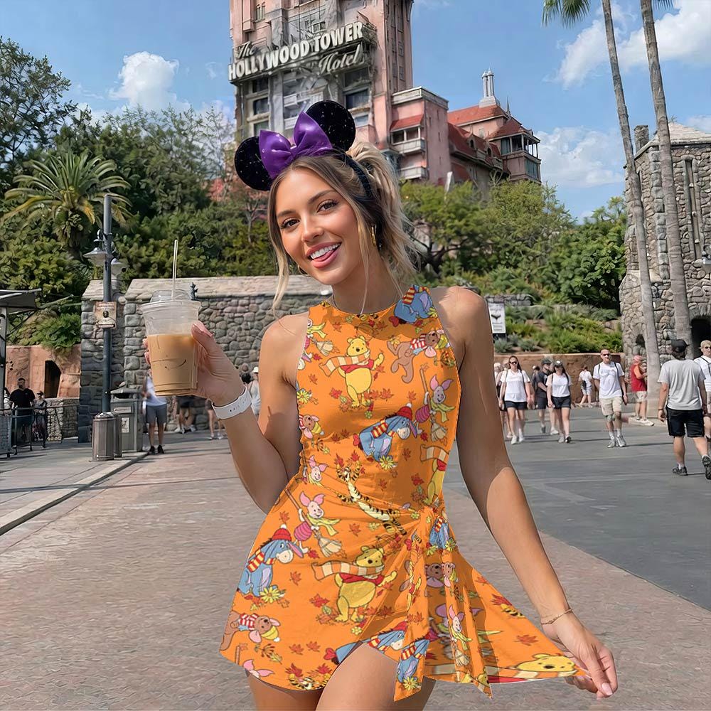 Retro Winnie The Pooh Fall Vibes Tennis Dress, Pooh and Friends Fall Season Skirt, Pooh Pumpkin Dress, Disney Aumtun Pumpkin Wrap Dress