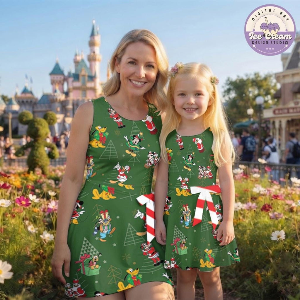 Disney Christmas Tennis Dress, Mickey's Very Merry Christmas Party 2026 Women Kids Costume Dress Skirt, Mickey and Friends Santa Activewear