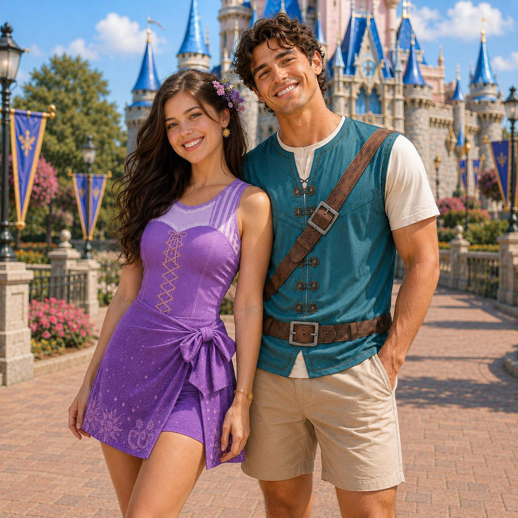 Rapunzel and Flynn Rider Couple Costume, Rapunzel Tennis Dress, Flynn Rider 3D T-Shirt, Halloween Cosplay Matching Outfit