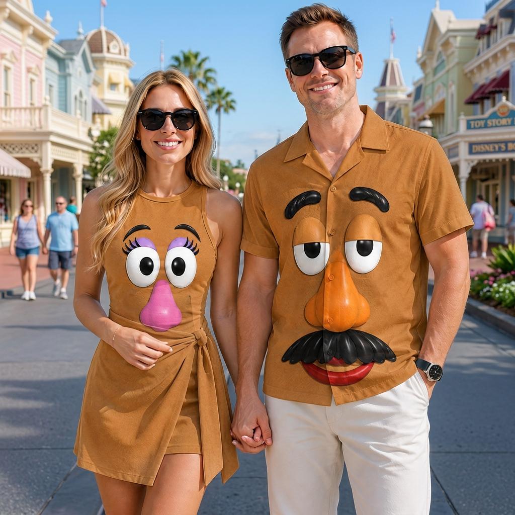 Mr And Mrs Potato Head Couple Cosplay Matching Outfits, Theme Park Halloween Costumes, Casual Button Down Shirt And Tennis Skirt Outfits