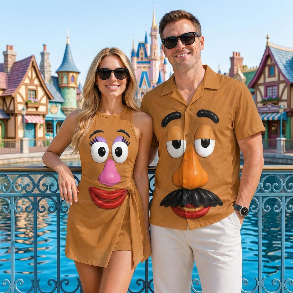 Mr And Mrs Potato Head Couple Cosplay Matching Outfits, Theme Park Halloween Costumes, Casual Button Down Shirt And Tennis Skirt Outfits
