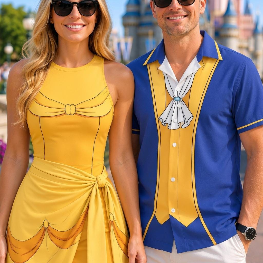 Belle And Beast Couple Cosplay Matching Outfits, Theme Park Halloween Costumes, Casual Button Down Shirt & Tennis Skirt Set For Couples