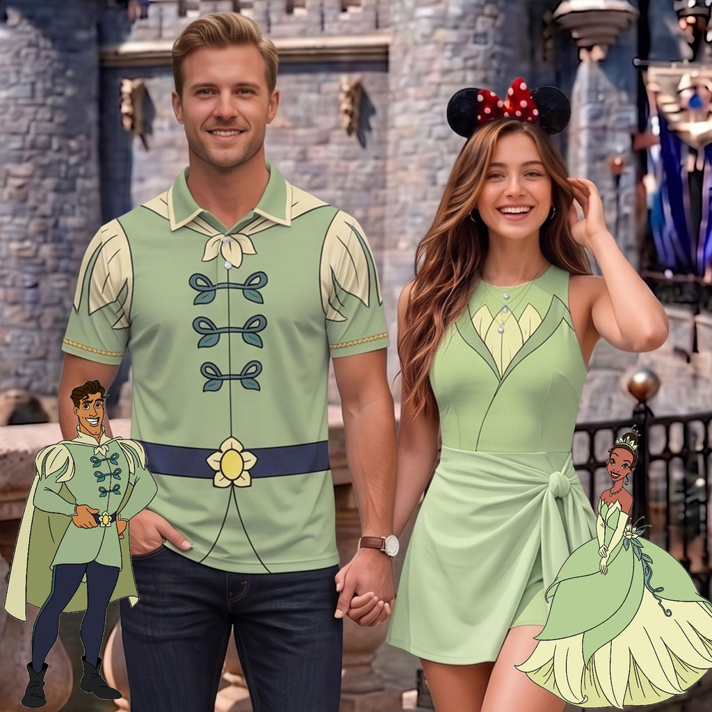 Tiana and Prince Naveen Matching Couple Outfit, Princess and the Frog Polo Shirt and Wrap Skort Dress, Theme Park Vacation Gift