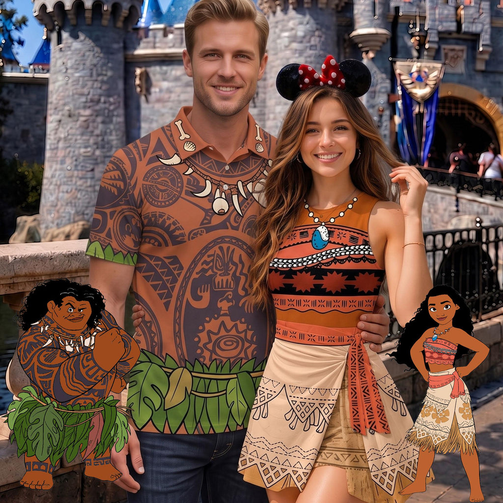 Moana and Maui Matching Couple Outfit, Moana Cosplay Polo Shirt and Wrap Skort Dress, Theme Park Vacation Gift Idea