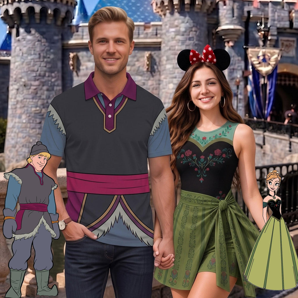 Anna and Kristoff Matching Couple Outfit, Frozen Cosplay Polo Shirt and Wrap Skort Dress, Theme Park Vacation Gift Idea