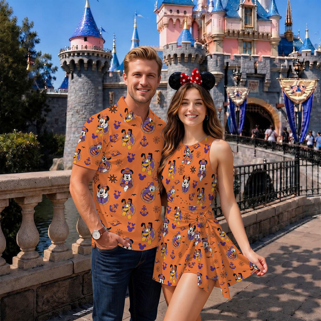 Cruise Squad Mickey and Friends Matching Couple Outfit, Halloween Sailor Trip Polo Shirt and Wrap Skort Dress, Theme Park Vacation Gift