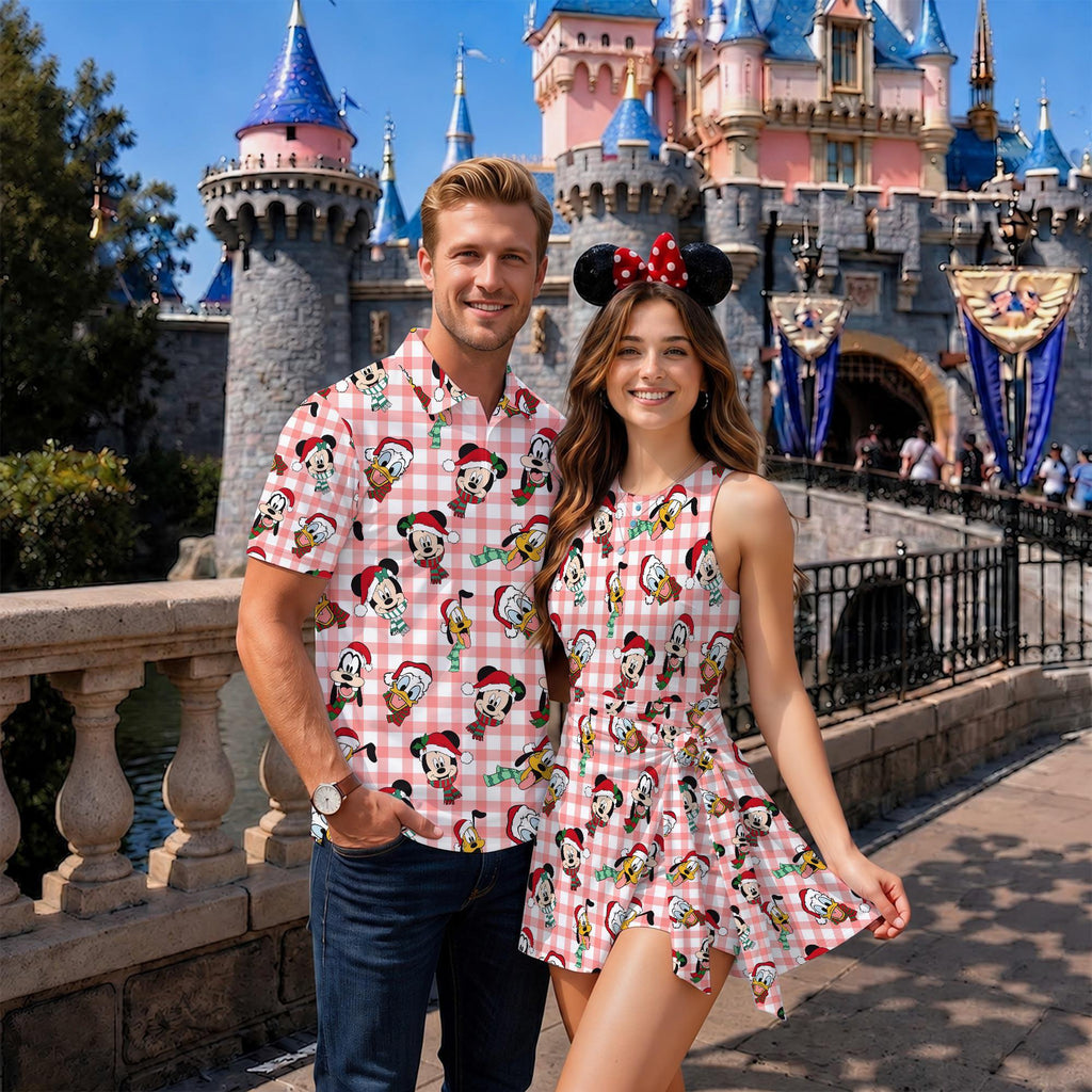 Mickey and Friends Christmas Matching Couple Outfit, Very Merry Xmas Lights Polo Shirt and Wrap Skort Dress, Theme Park Vacation Gift Idea