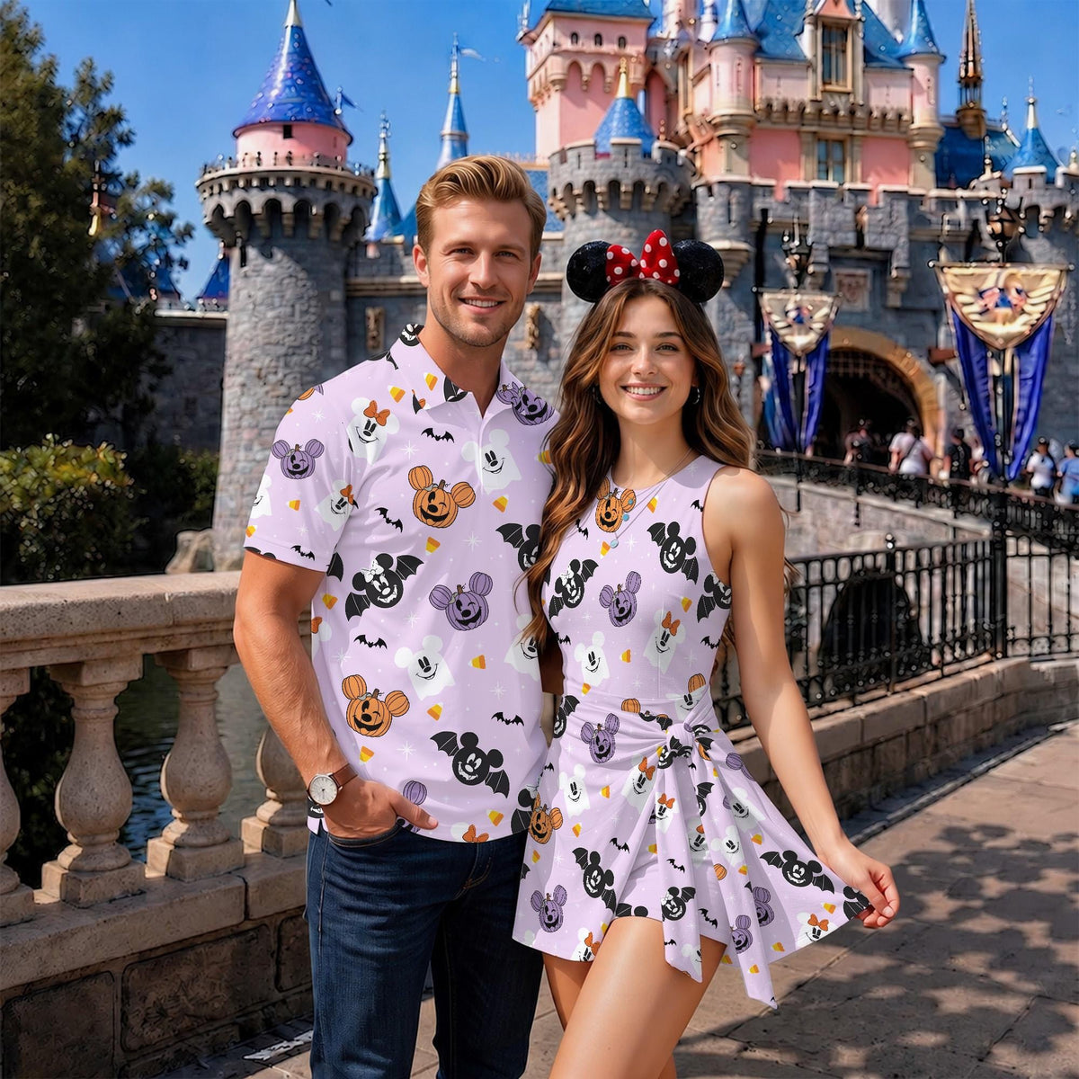 Mickey and Friends Halloween Matching Couple Outfit, Spooky Party Polo Shirt and Wrap Skort Dress, Theme Park Vacation Gift Idea