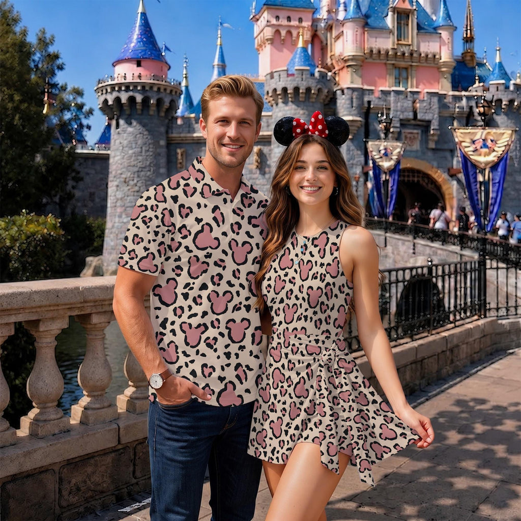 Mickey Leopard Print Matching Couple Outfit, Chic Animal Polo Shirt and Wrap Skort Dress, Theme Park Vacation Gift Idea