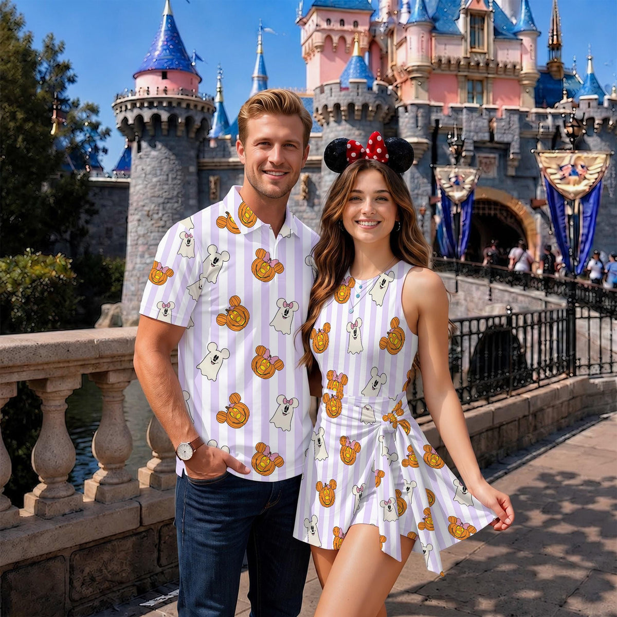 Mickey and Friends Halloween Matching Couple Outfit, Spooky Party Polo Shirt and Wrap Skort Dress, Theme Park Vacation Gift Idea