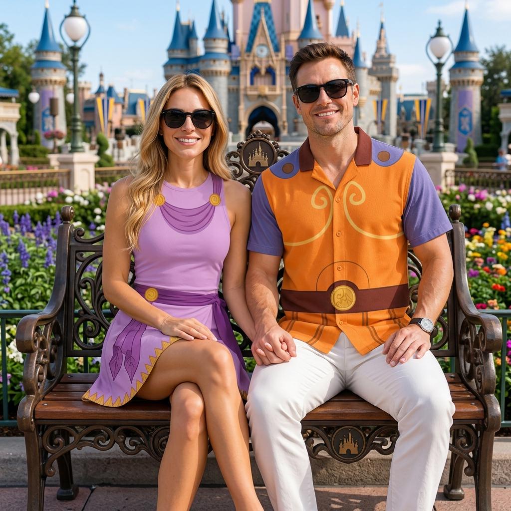 Hercules And Megara Couple Cosplay Matching Outfits, Theme Park Halloween Costumes, Casual Button Down Shirt & Tennis Skirt Set For Couples
