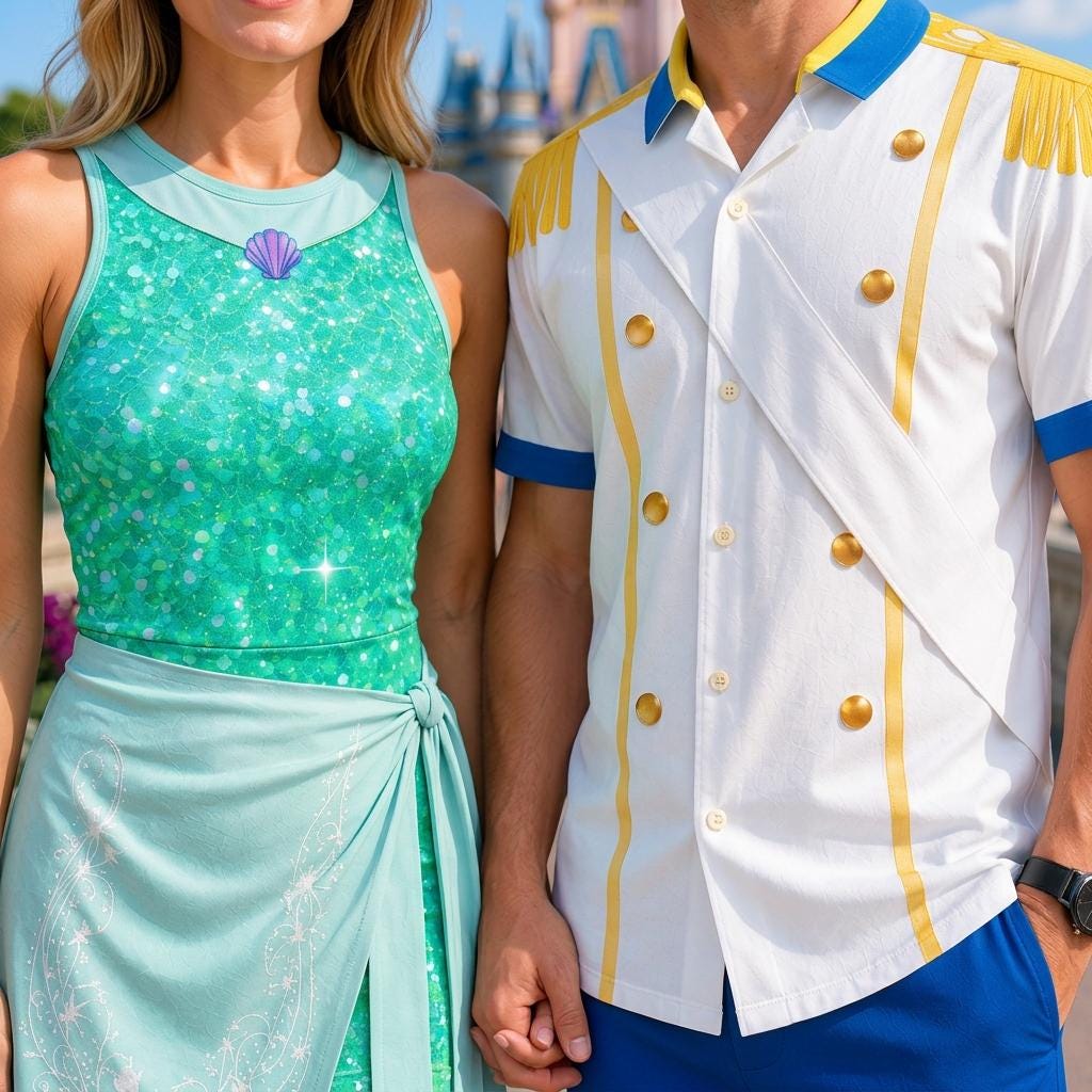 Ariel And Prince Eric Couple Cosplay Matching Outfits, Theme Park Halloween Costumes, Casual Button Down Shirt & Tennis Skirt For Couples