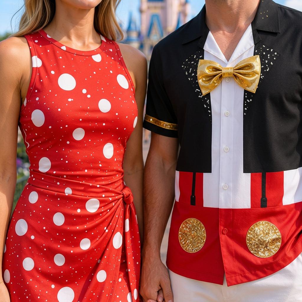 Mickey And Minnie Couple Cosplay Matching Outfits, Theme Park Halloween Costumes, Casual Button Down Shirt & Tennis Skirt For Couples