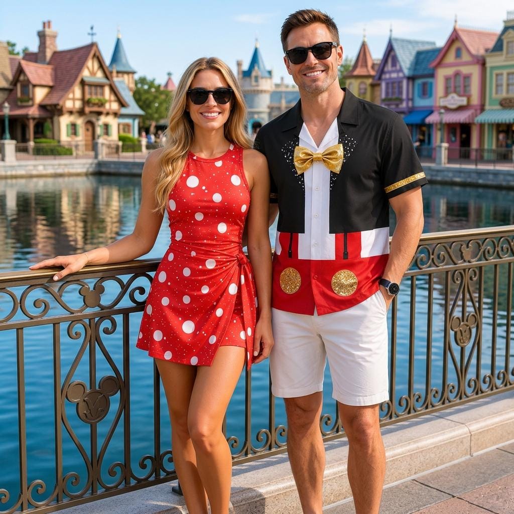 Mickey And Minnie Couple Cosplay Matching Outfits, Theme Park Halloween Costumes, Casual Button Down Shirt & Tennis Skirt For Couples