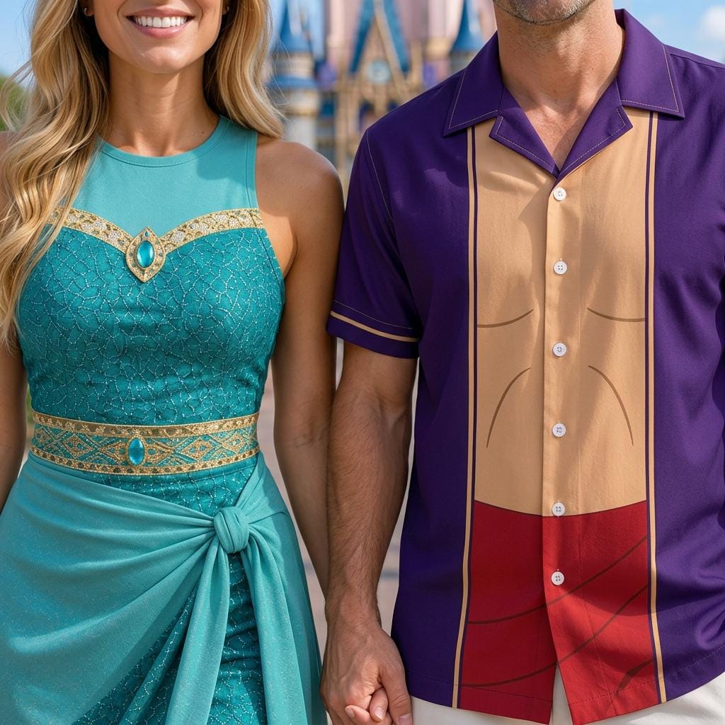 Aladdin And Princess Jasmine Couple Cosplay Matching Outfits, Theme Park Halloween Fantasy Costumes, Casual Shirt & Tennis Skirt For Couples