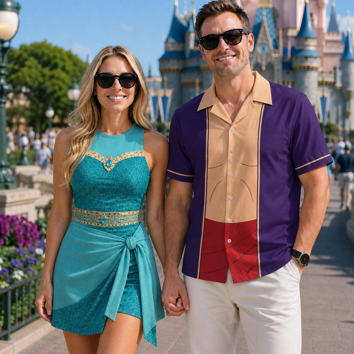 Aladdin And Princess Jasmine Couple Cosplay Matching Outfits, Theme Park Halloween Fantasy Costumes, Casual Shirt & Tennis Skirt For Couples