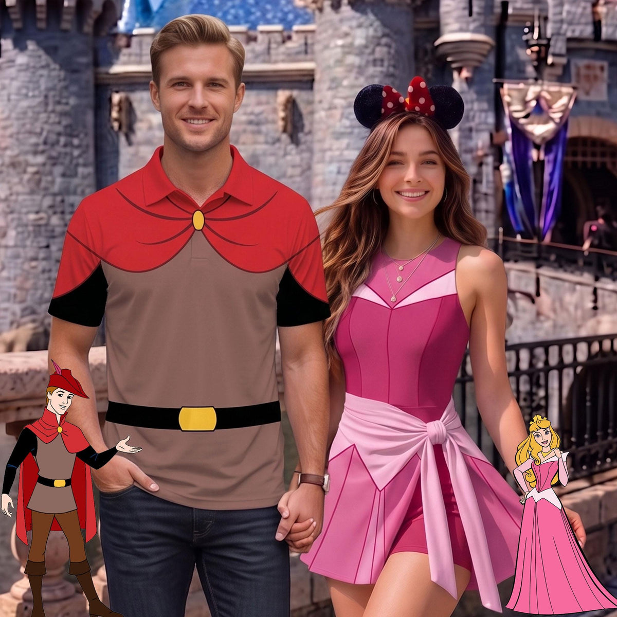 Aurora and Prince Phillip Matching Couple Outfit, Sleeping Beauty Cosplay Polo Shirt and Wrap Skort Dress, Theme Park Vacation Gift Idea