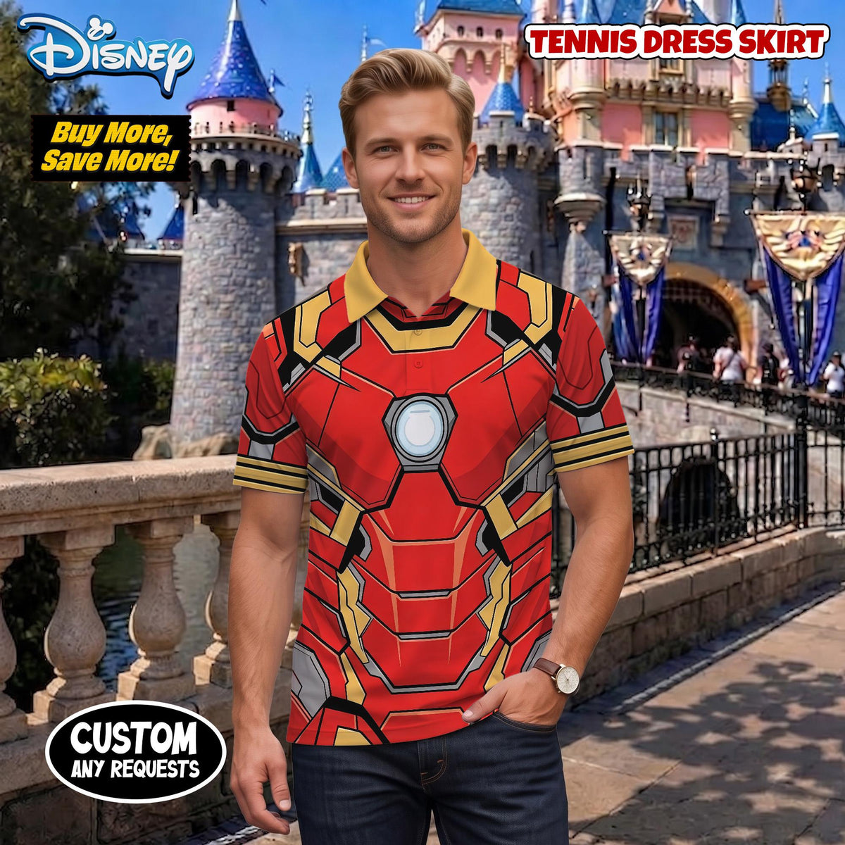 Iron Man Armor Matching Couple Outfit, Superhero Cosplay Polo Shirt and Wrap Skort Dress, Theme Park Vacation Gift Idea