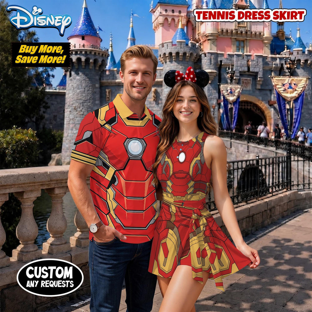 Iron Man Armor Matching Couple Outfit, Superhero Cosplay Polo Shirt and Wrap Skort Dress, Theme Park Vacation Gift Idea