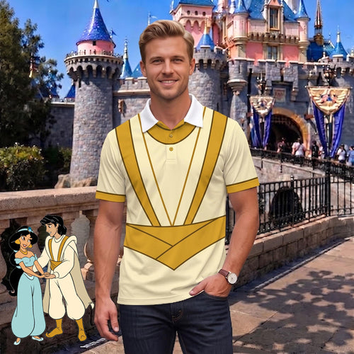 Aladdin and Jasmine Matching Couple Outfit, Arabian Princess Cosplay Polo Shirt and Wrap Skort Dress, Theme Park Vacation Gift
