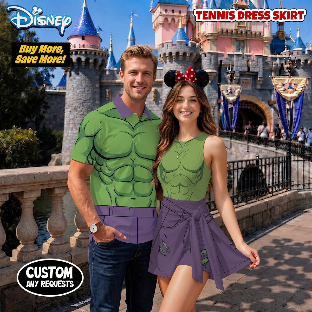 Incredible Hulk She-Hulk Matching Couple Outfit, Superhero Cosplay Polo Shirt and Wrap Skort Dress, Theme Park Vacation Gift Idea