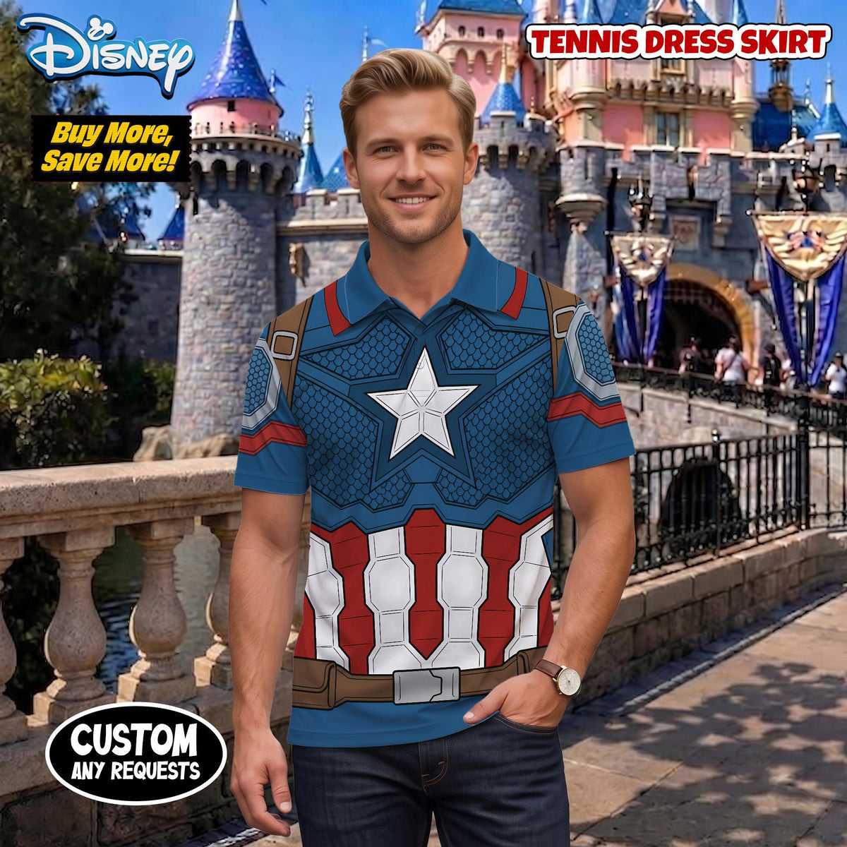 Captain America Matching Couple Outfit, Superhero Cosplay Polo Shirt and Wrap Skort Dress, Theme Park Vacation Gift Idea