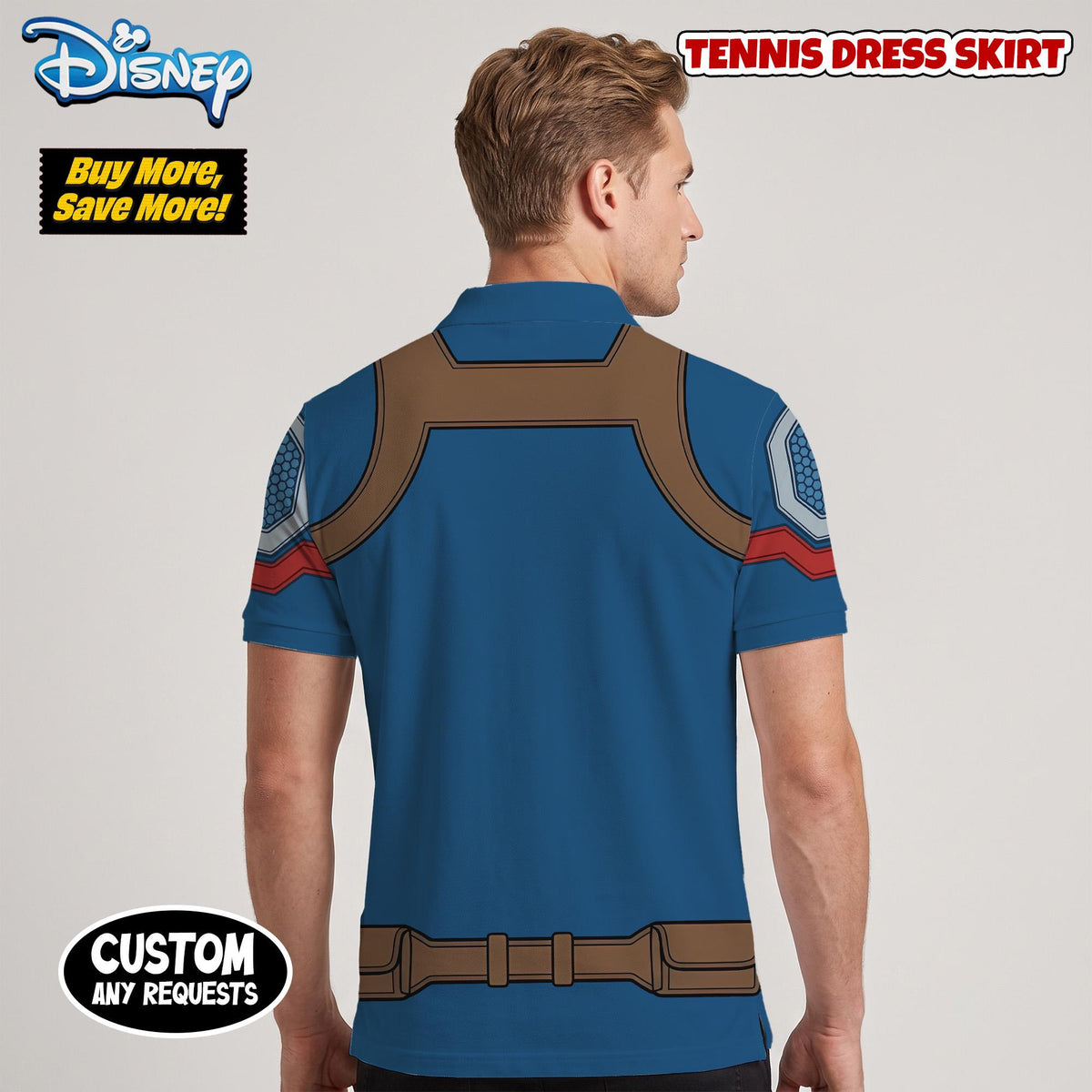Captain America Matching Couple Outfit, Superhero Cosplay Polo Shirt and Wrap Skort Dress, Theme Park Vacation Gift Idea