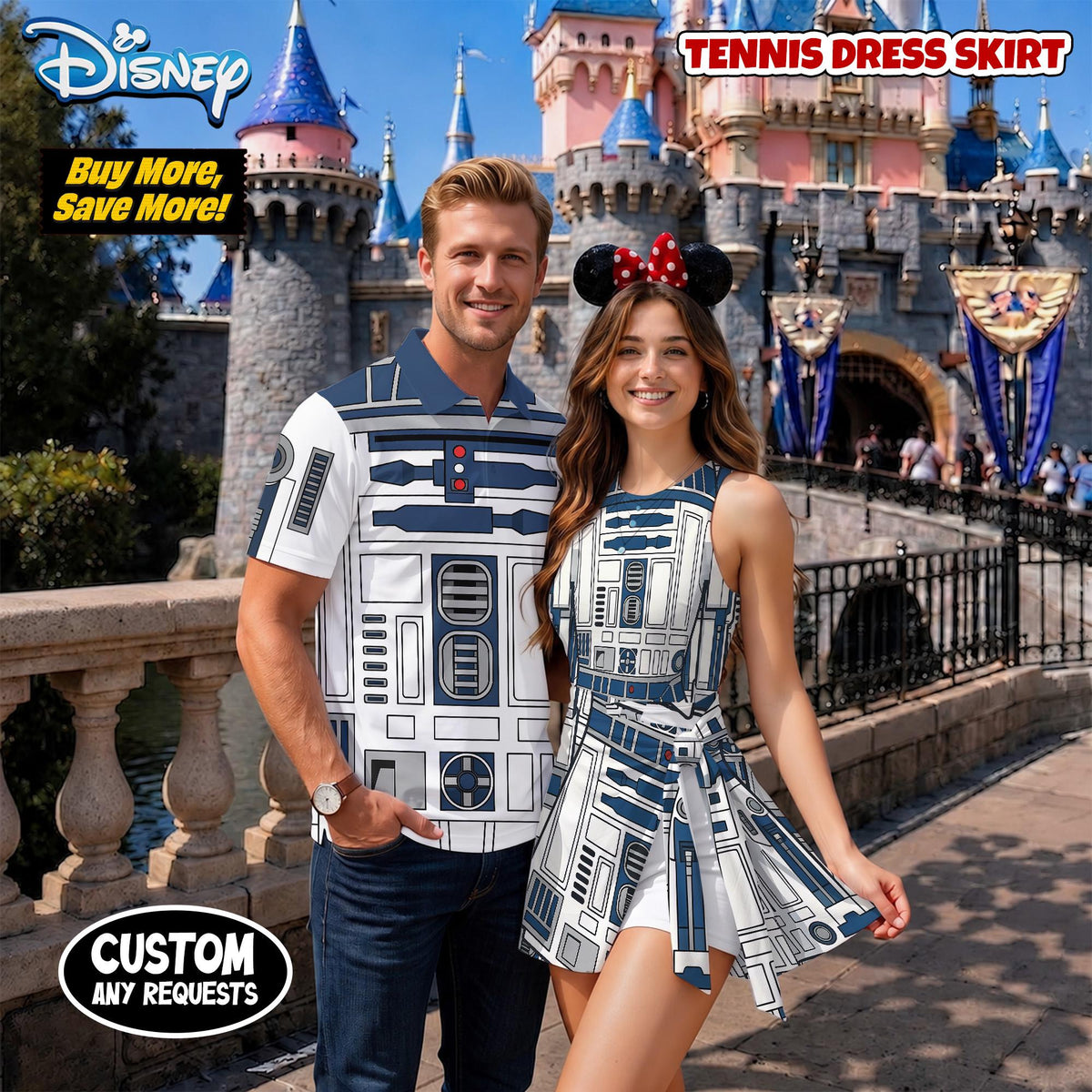 R2D2 Droid Matching Couple Outfit, Star Wars Cosplay Polo Shirt and Wrap Skort Dress, Theme Park Vacation Gift Idea