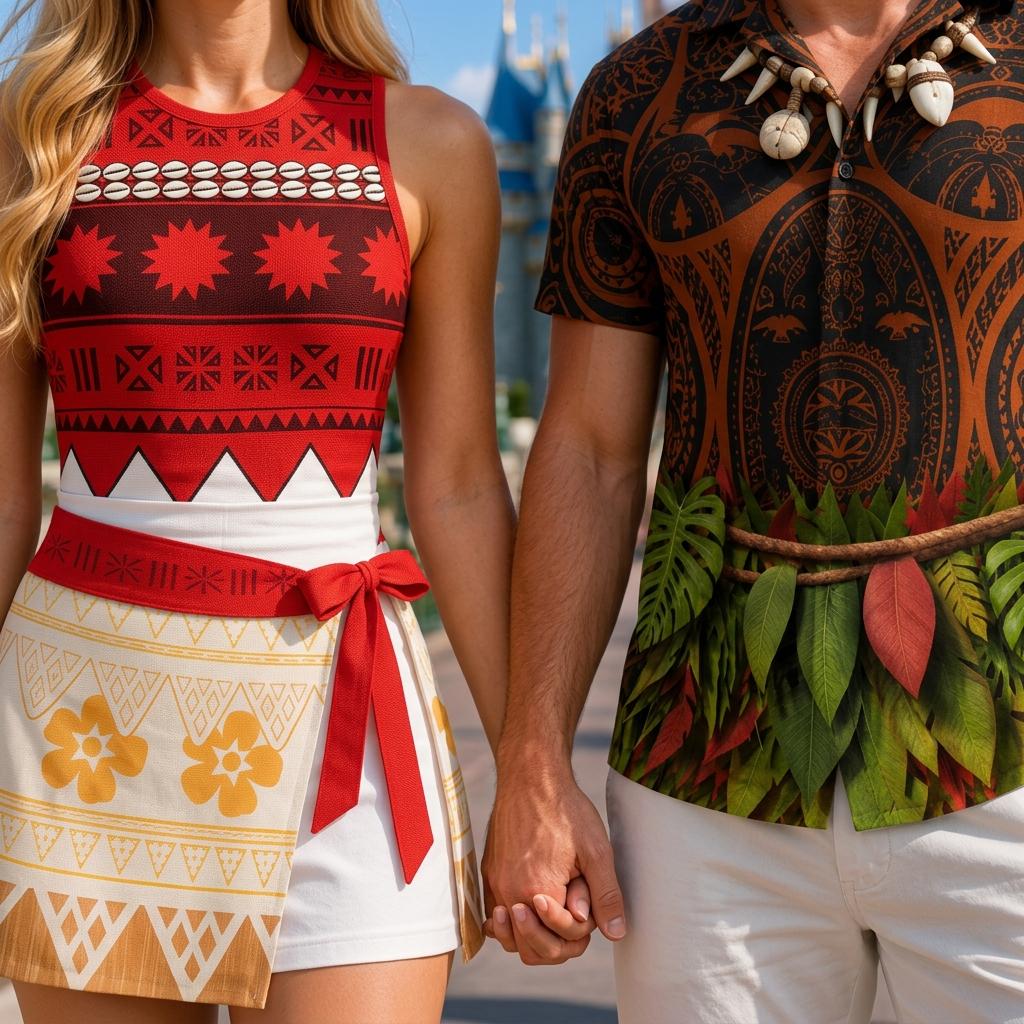 Disney Maui and Moana Costume Matching Couples Clothing, Island Princess Cosplay Dress, Maui Button Shirt, Disney Halloween Party Outfits