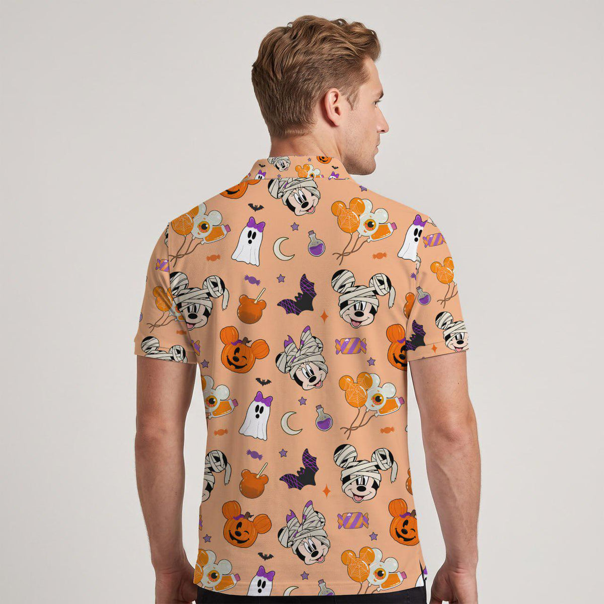 Spooky Ghost Mickey Matching Couple Outfit, Halloween Pumpkin Polo Shirt & Wrap Skort Dress, Theme Park Vacation Clothe