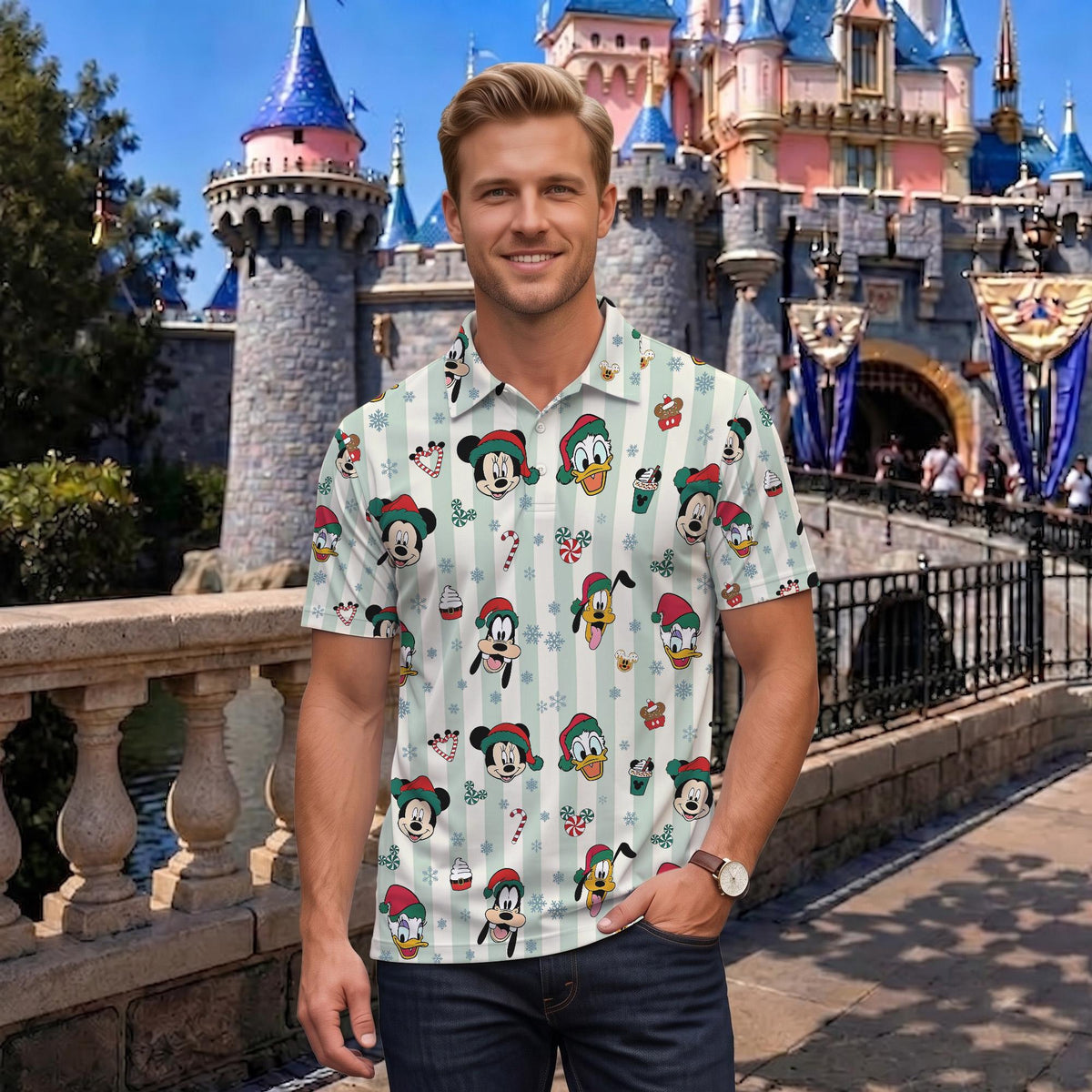 Mickey and Friends Christmas Matching Couple Outfit, Very Merry Xmas Lights Polo Shirt and Wrap Skort Dress, Theme Park Vacation Gift Idea