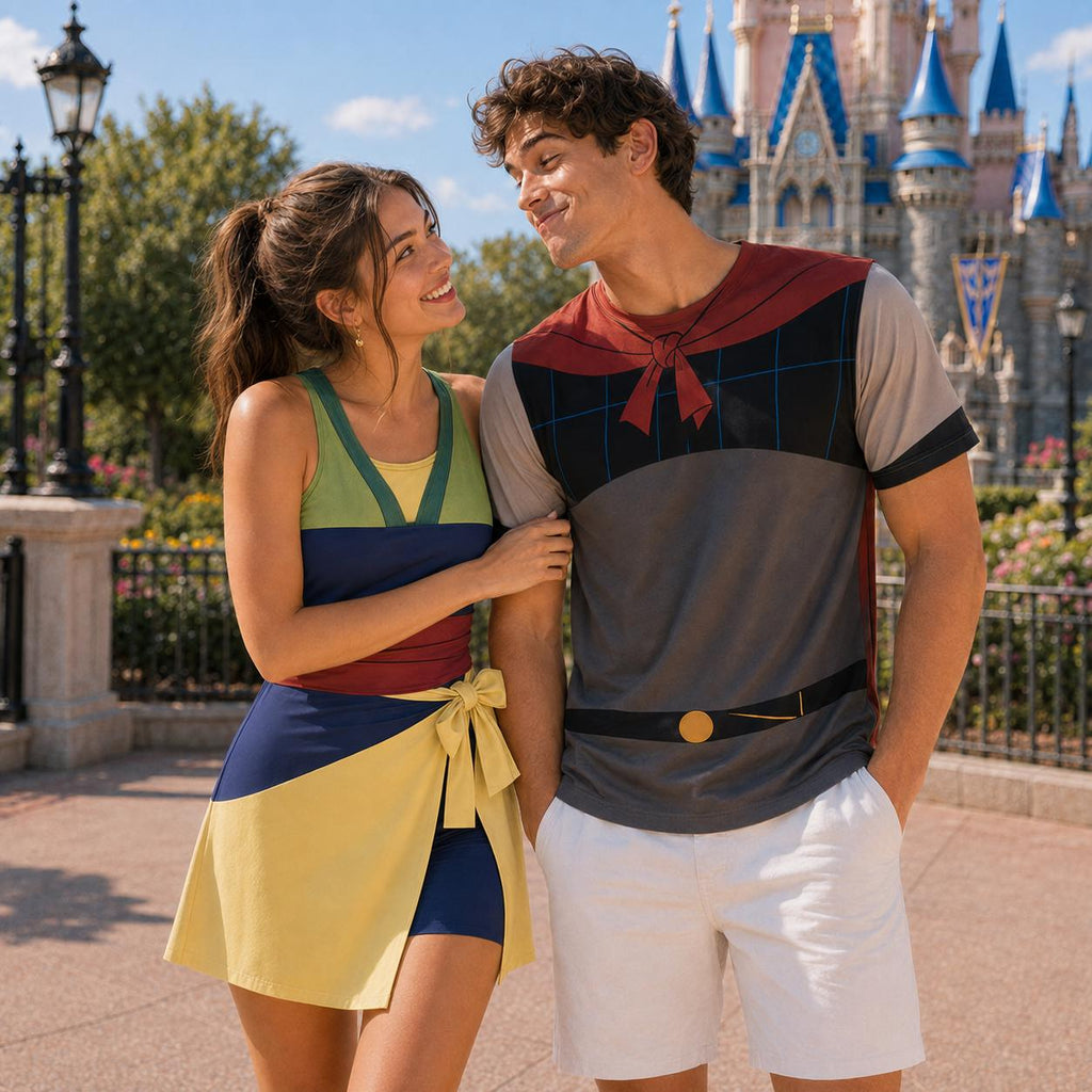 Mulan and Li Shang Couple Costume, Mulan Wrap Skort Dress, Li Shang 3D T-Shirt, Matching Halloween Costume, Couples Cosplay Outfit
