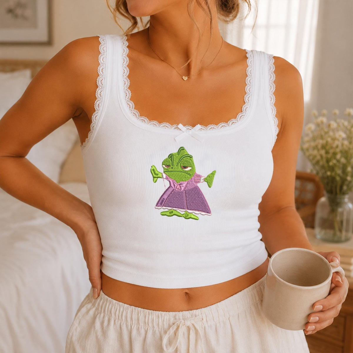 Embroidered Tangled Pascal Rapunzel Dress Tank-top, Coquette Funny Pascal Lace Trim, Magical Pascal Princess Camisole