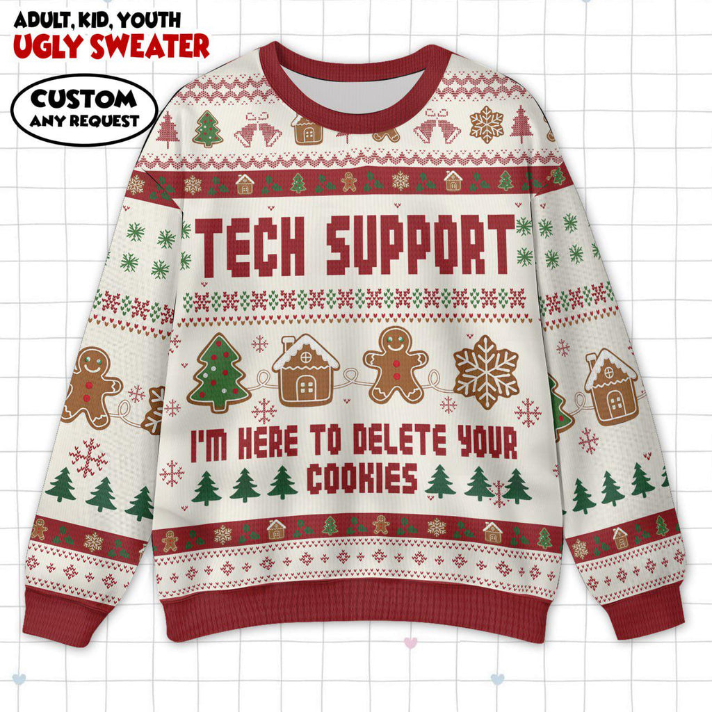 Funny Tech Support Ugly Christmas Sweater & Wrap Skort Dress, I'm Here To Delete Your Cookies Xmas Jumper, IT Tech Humor Couple Gift
