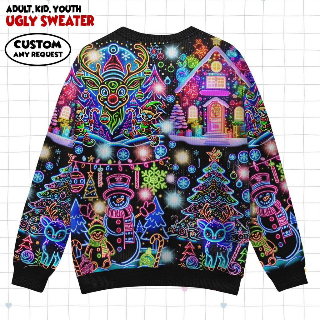 2D Neon Glow Ugly Christmas Sweater & Wrap Skort Dress, Trippy Xmas Holiday Jumper, Colorful Glowing Xmas Outfit, Couple Christmas Gift