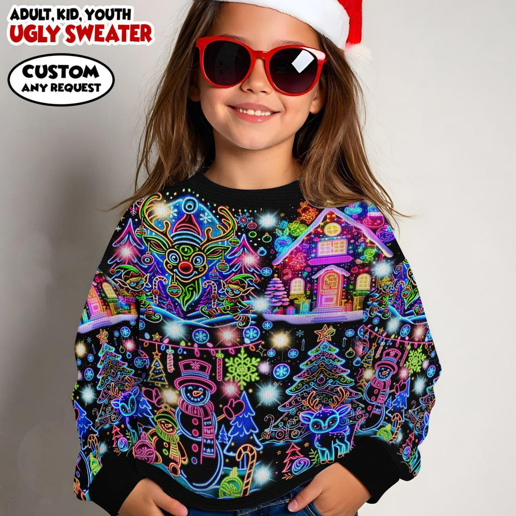 2D Neon Glow Ugly Christmas Sweater & Wrap Skort Dress, Trippy Xmas Holiday Jumper, Colorful Glowing Xmas Outfit, Couple Christmas Gift