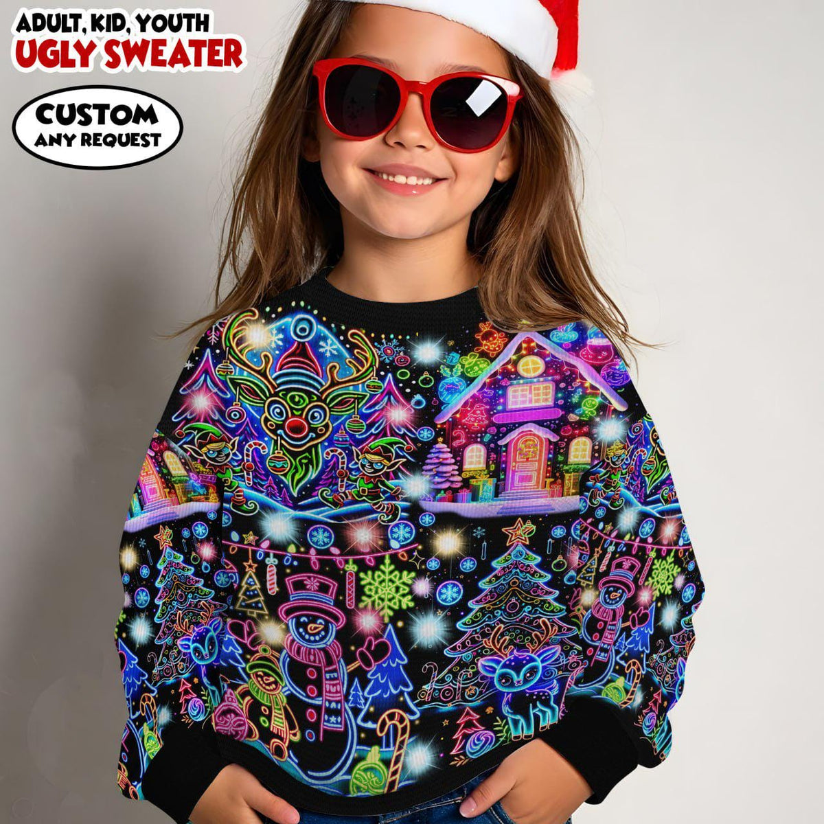 2D Neon Glow Ugly Christmas Sweater & Wrap Skort Dress, Trippy Xmas Holiday Jumper, Colorful Glowing Xmas Outfit, Couple Christmas Gift