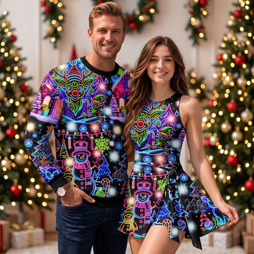 2D Neon Glow Ugly Christmas Sweater & Wrap Skort Dress, Trippy Xmas Holiday Jumper, Colorful Glowing Xmas Outfit, Couple Christmas Gift
