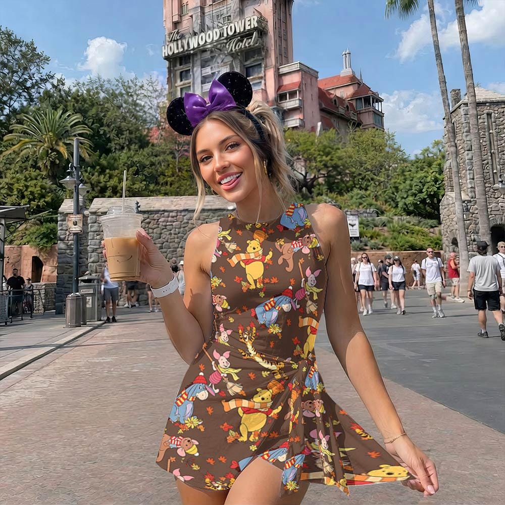 Retro Winnie The Pooh Fall Vibes Tennis Dress, Pooh and Friends Fall Season Skirt, Pooh Pumpkin Dress, Disney Aumtun Pumpkin Wrap Dress