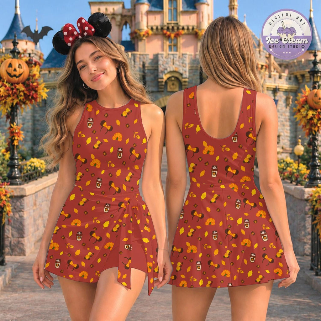 Disney Fall Pumpkin Tennis Dress, Halloween Women's Skater Dress, Autumn Theme Park Outfit, Fall Festival Dress, Spooky Season Outfit