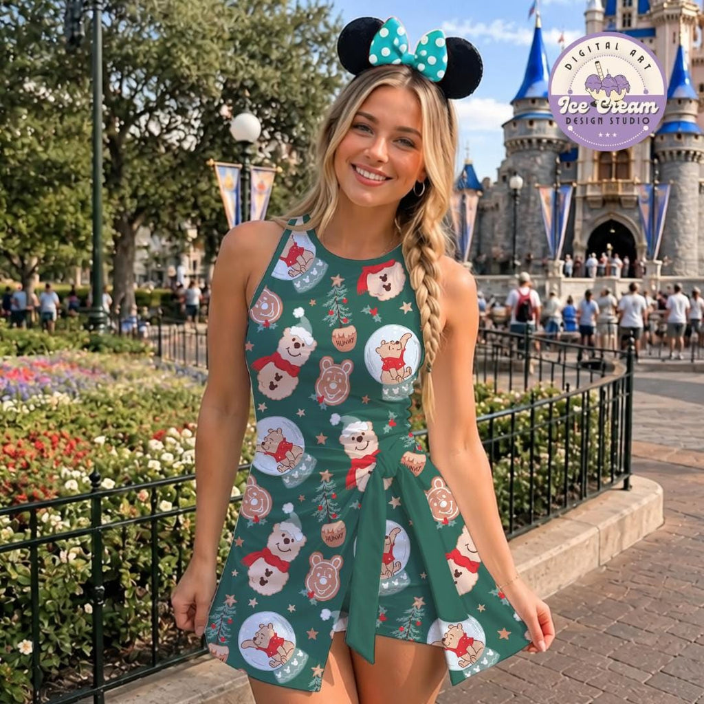Winnie the Pooh Christmas Tennis Dress, Disney Christmas,Holiday Vacation Outfit, Cute Pooh Bear Dress, Women's Disney Park Wrap Skort Dress